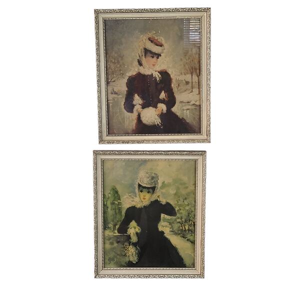 Vintage pair Impressionist style fashionable young ladies framed prints - Picture 1 of 5